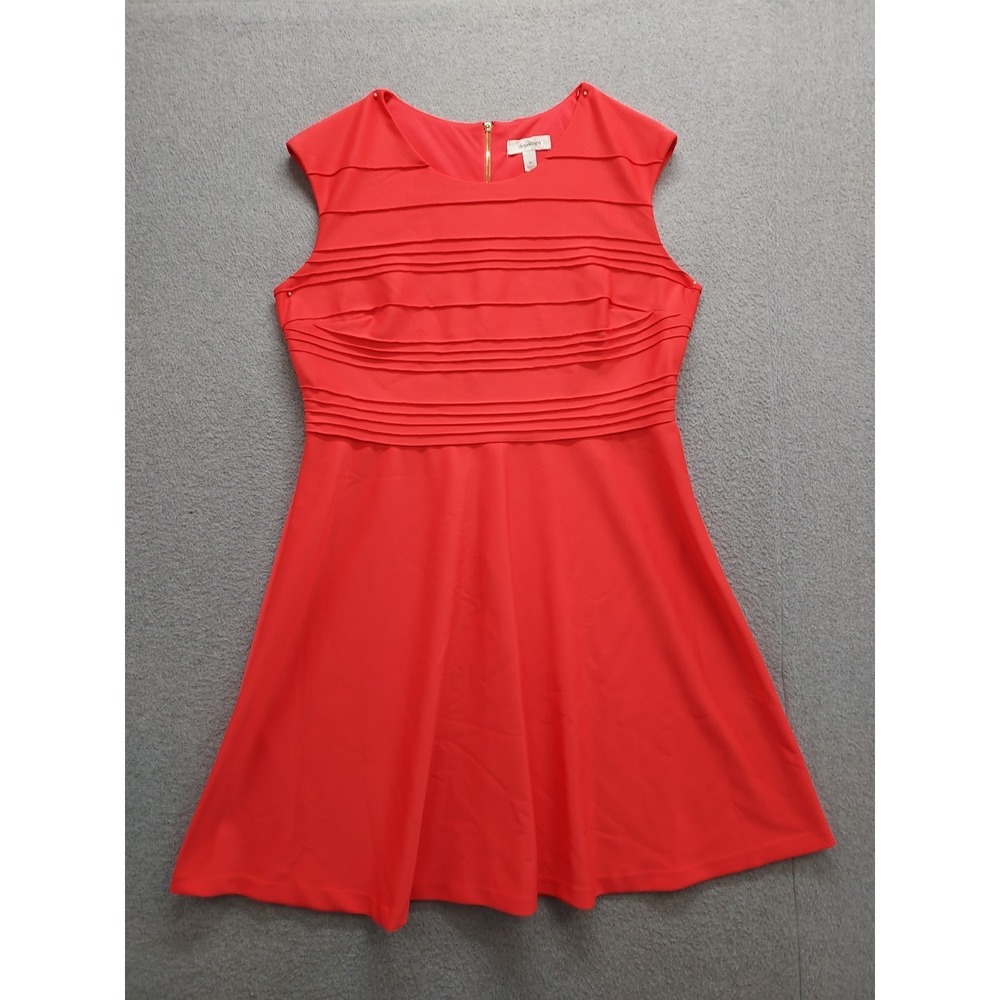 Dressbarn Women Fit & Flare Dress 16 Coral Orange Sleeveless Pleated Bodice City
